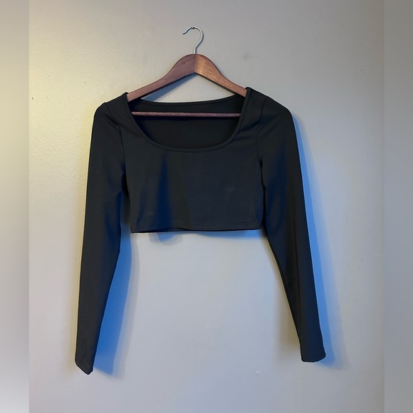 SHEIN Tops - Long Sleeve Scoop Neck Stretchy Black Crop Top SZ XS Stretchy Black Top